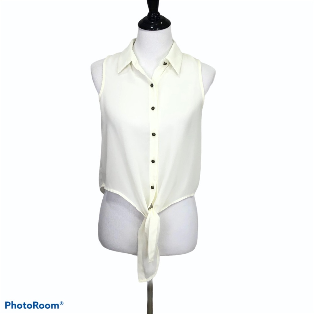 Sans Souci sleeveless waist tie button front collared cream blouse